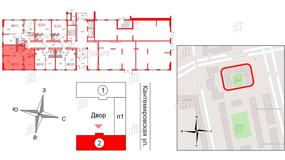 Квартира в ЖК Кантемировская 11, 2 комнатная, 60.4 м², 1 этаж