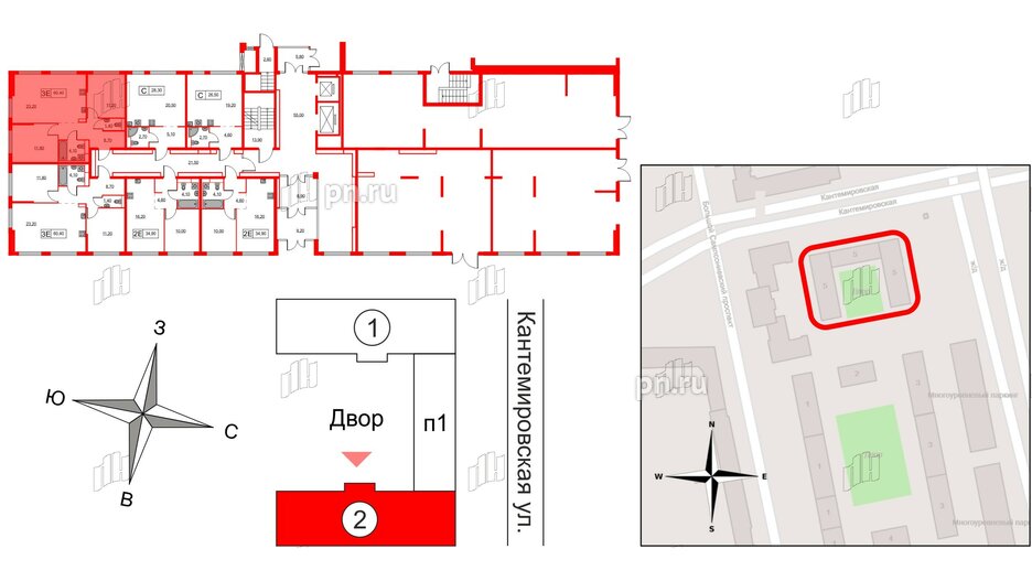 Квартира в ЖК Кантемировская 11, 2 комнатная, 60.4 м², 1 этаж