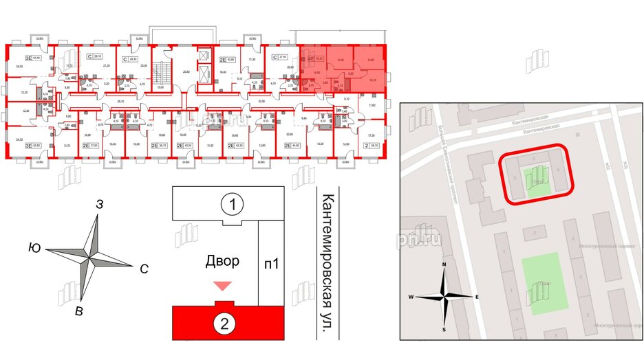 Квартира в ЖК Кантемировская 11, 3 комнатная, 66.2 м², 2 этаж