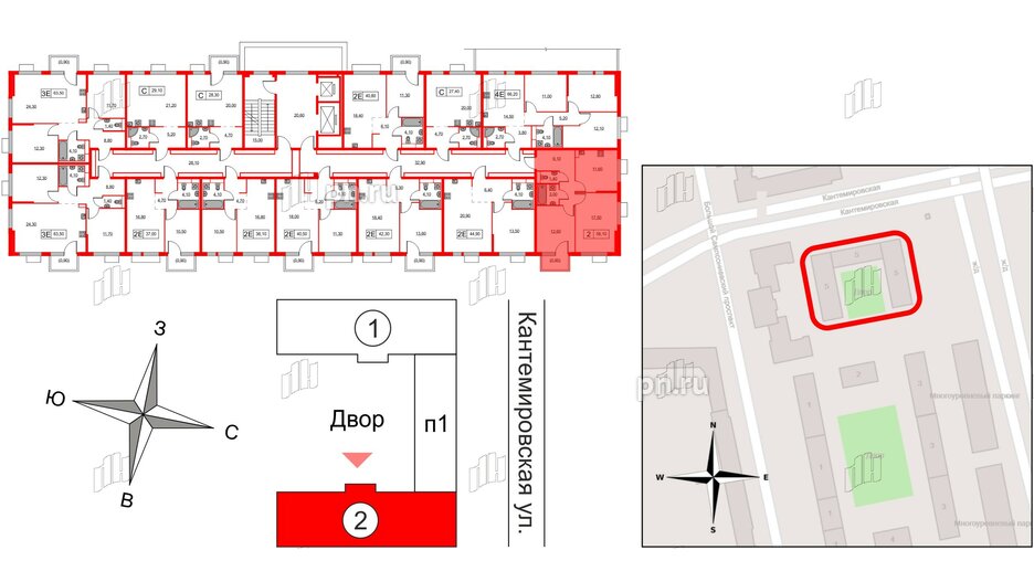 Квартира в ЖК Кантемировская 11, 2 комнатная, 56.1 м², 2 этаж