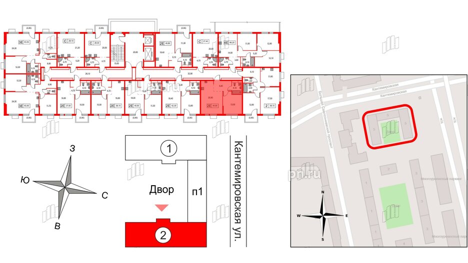 Квартира в ЖК Кантемировская 11, 1 комнатная, 44.9 м², 2 этаж