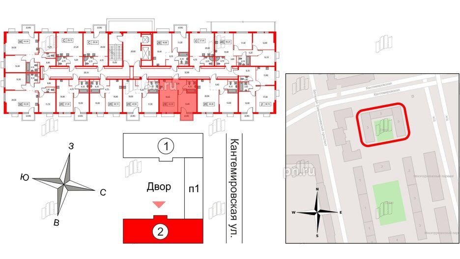 Квартира в ЖК Кантемировская 11, 1 комнатная, 42.3 м², 2 этаж