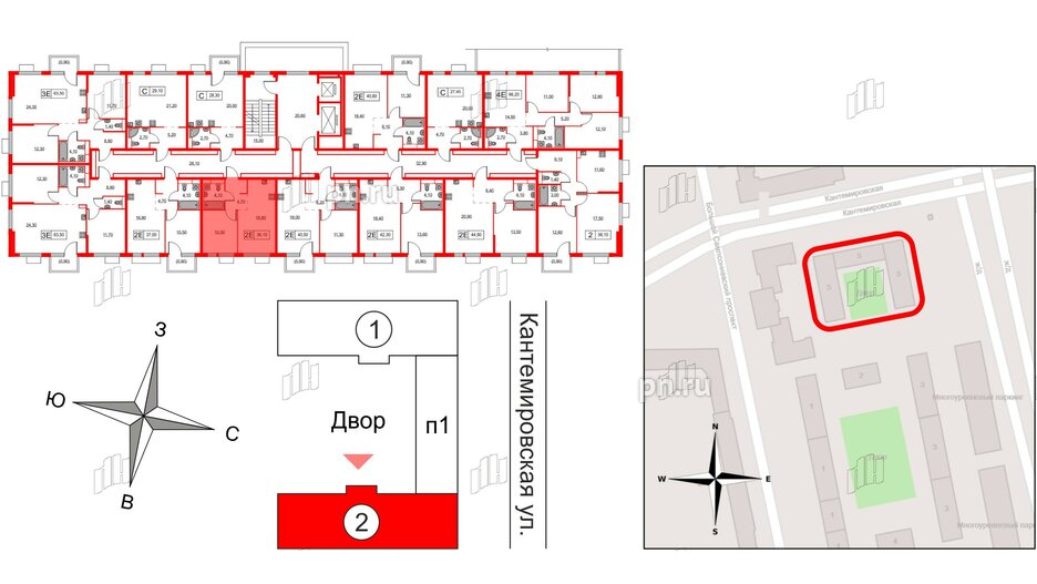 Квартира в ЖК Кантемировская 11, 1 комнатная, 36.1 м², 2 этаж