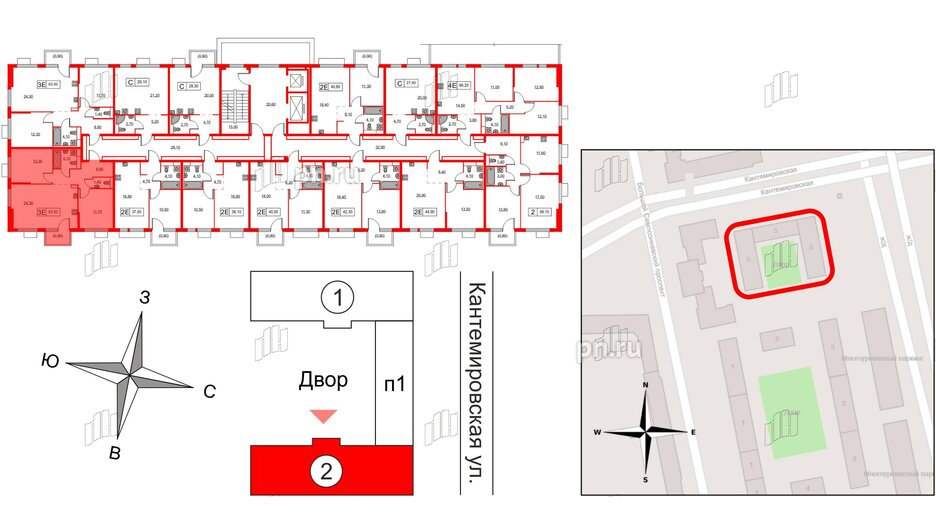 Квартира в ЖК Кантемировская 11, 2 комнатная, 63.5 м², 2 этаж