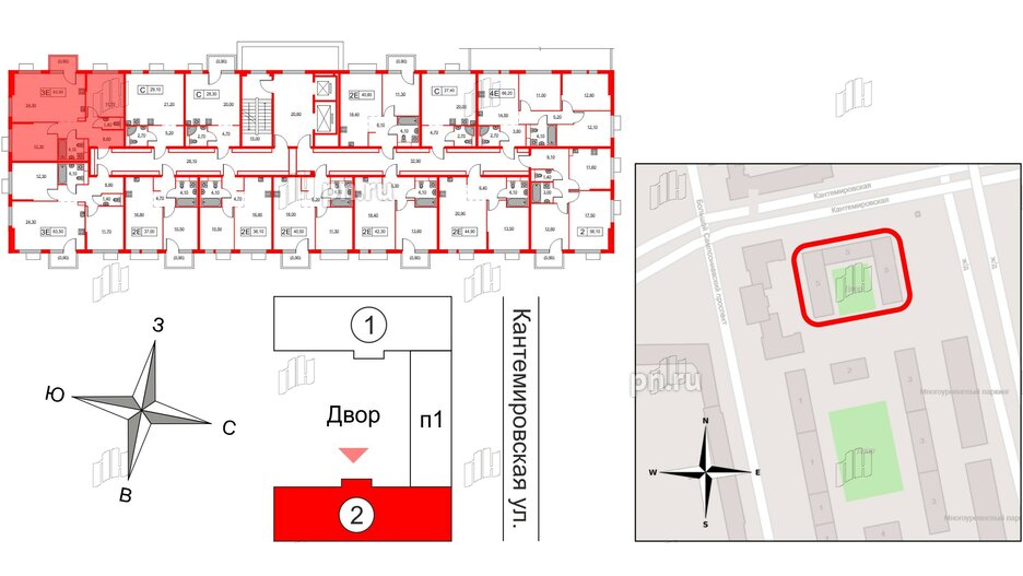 Квартира в ЖК Кантемировская 11, 2 комнатная, 63.5 м², 2 этаж