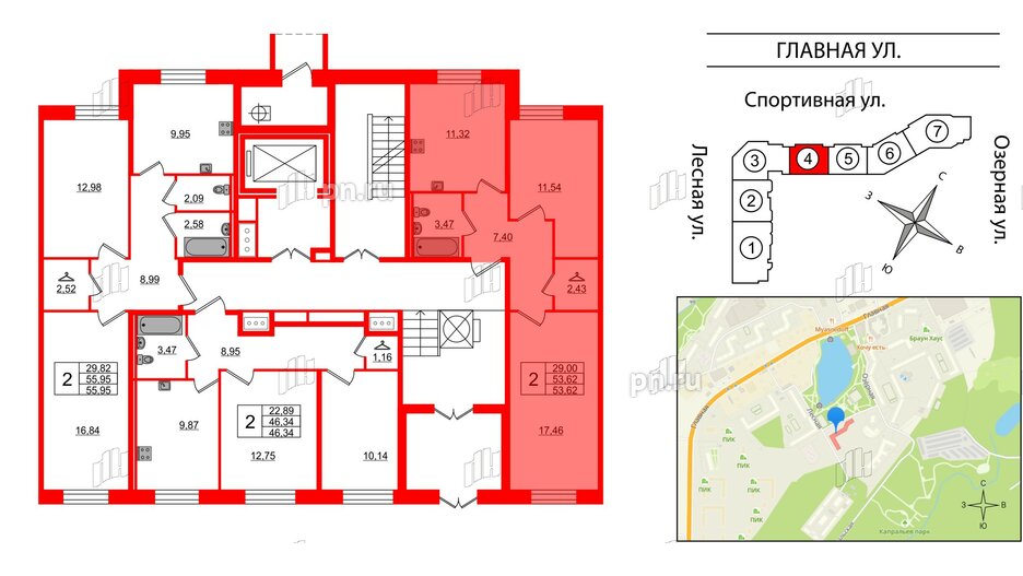 Квартира в ЖК Капральский, 2 комнатная, 53.62 м², 1 этаж