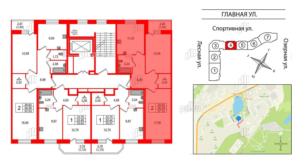 Квартира в ЖК Капральский, 2 комнатная, 57.74 м², 4 этаж