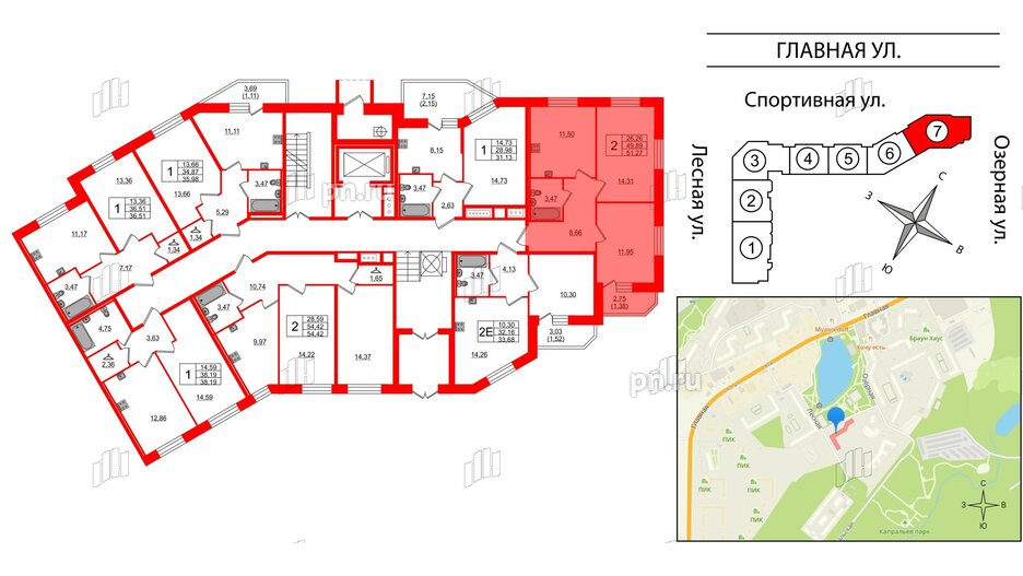 Квартира в ЖК Капральский, 2 комнатная, 51.27 м², 1 этаж