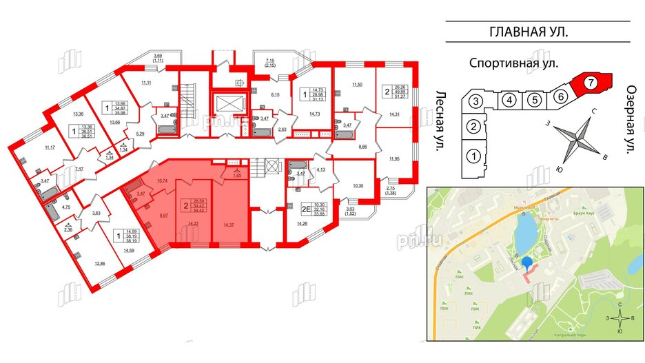 Квартира в ЖК Капральский, 2 комнатная, 54.42 м², 1 этаж