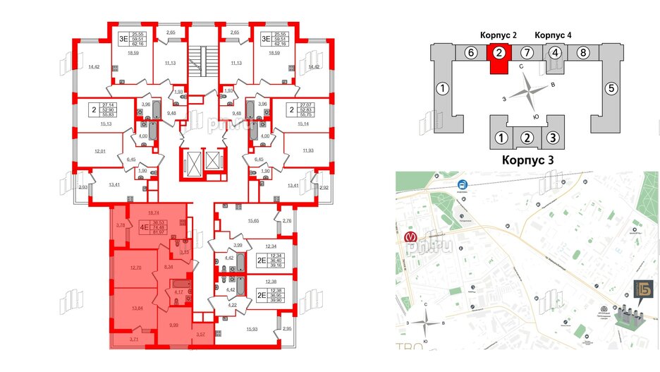 Квартира в ЖК Квартал Б15, 3 комнатная, 74.48 м², 3 этаж