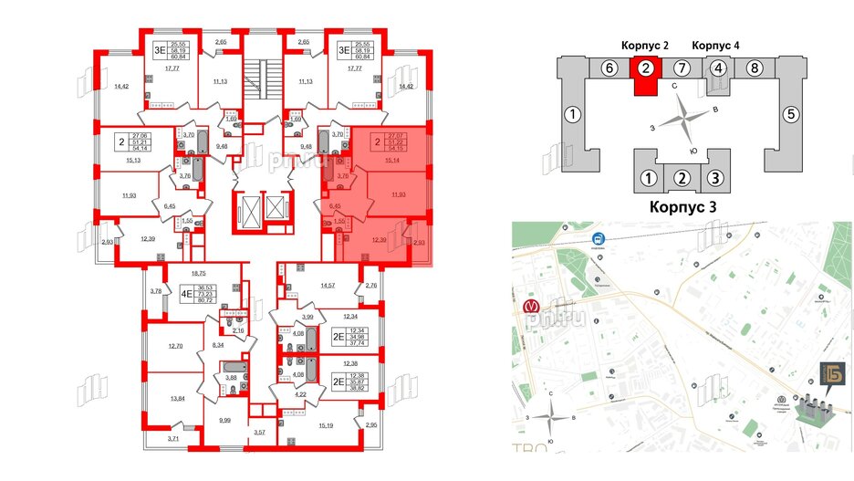 Квартира в ЖК Квартал Б15, 2 комнатная, 51.22 м², 17 этаж