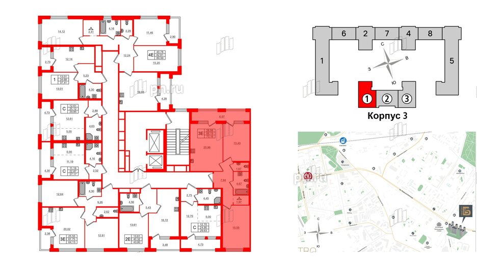 Квартира в ЖК Квартал Б15, 2 комнатная, 66.19 м², 3 этаж