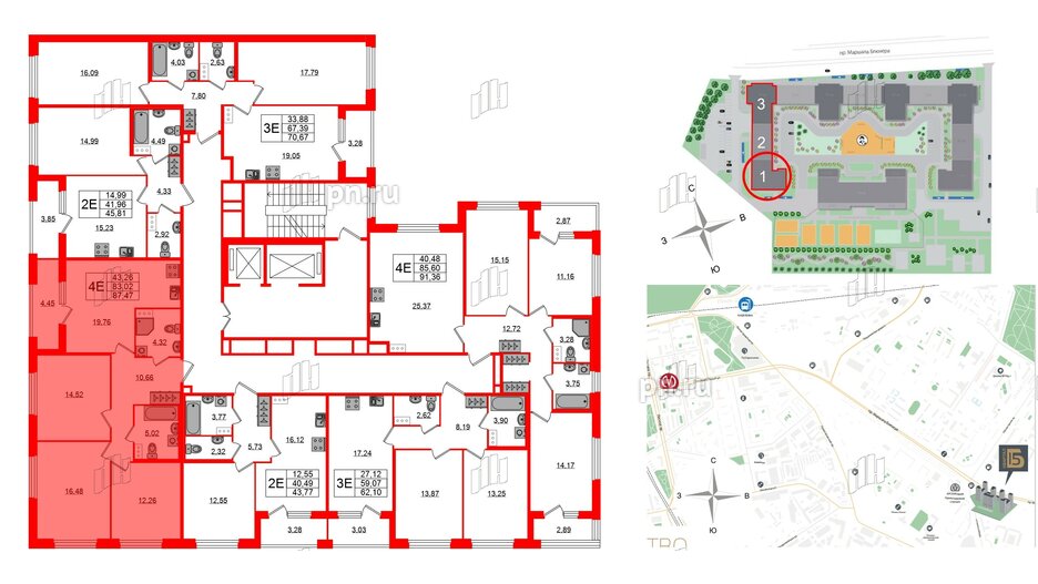 Квартира в ЖК Квартал Б15, 3 комнатная, 83.02 м², 3 этаж