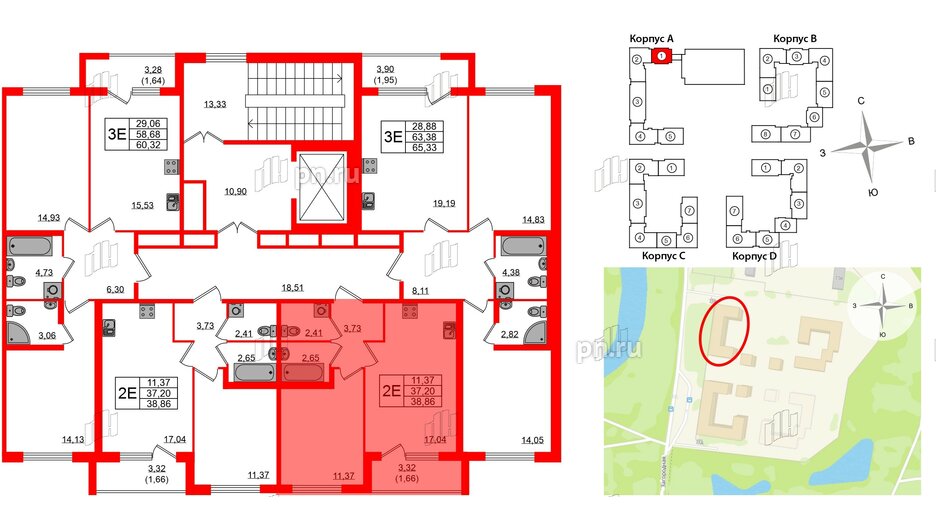 Квартира в ЖК Квартал Заречье, 1 комнатная, 38.86 м², 2 этаж