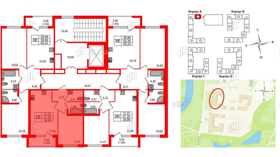 Квартира в ЖК Квартал Заречье, 1 комнатная, 38.86 м², 2 этаж