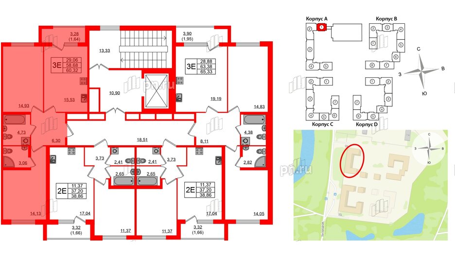 Квартира в ЖК Квартал Заречье, 2 комнатная, 60.32 м², 2 этаж