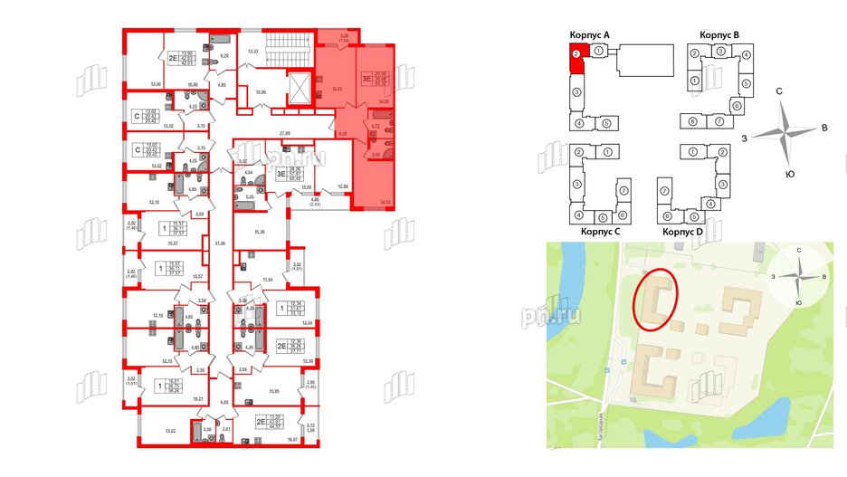 Квартира в ЖК Квартал Заречье, 2 комнатная, 60.32 м², 2 этаж