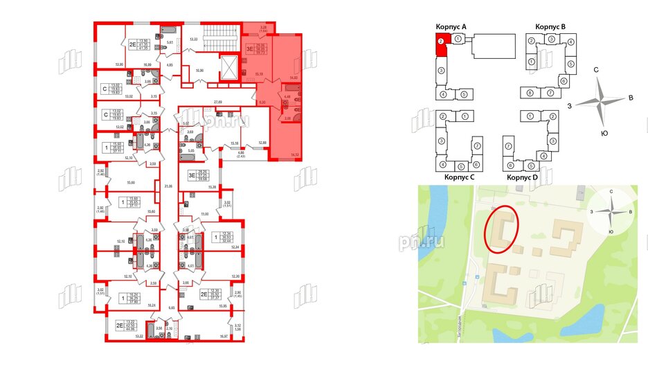 Квартира в ЖК Квартал Заречье, 2 комнатная, 59.73 м², 3 этаж