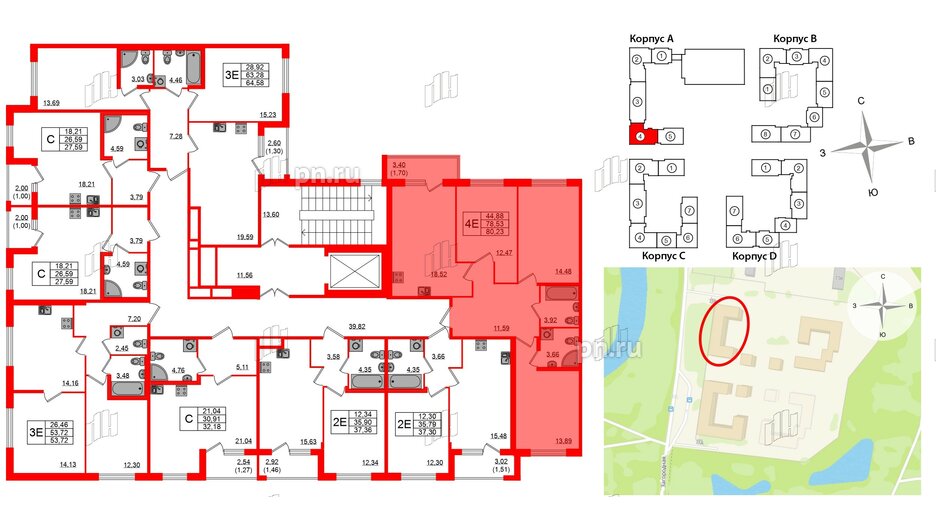 Квартира в ЖК Квартал Заречье, 3 комнатная, 80.23 м², 2 этаж