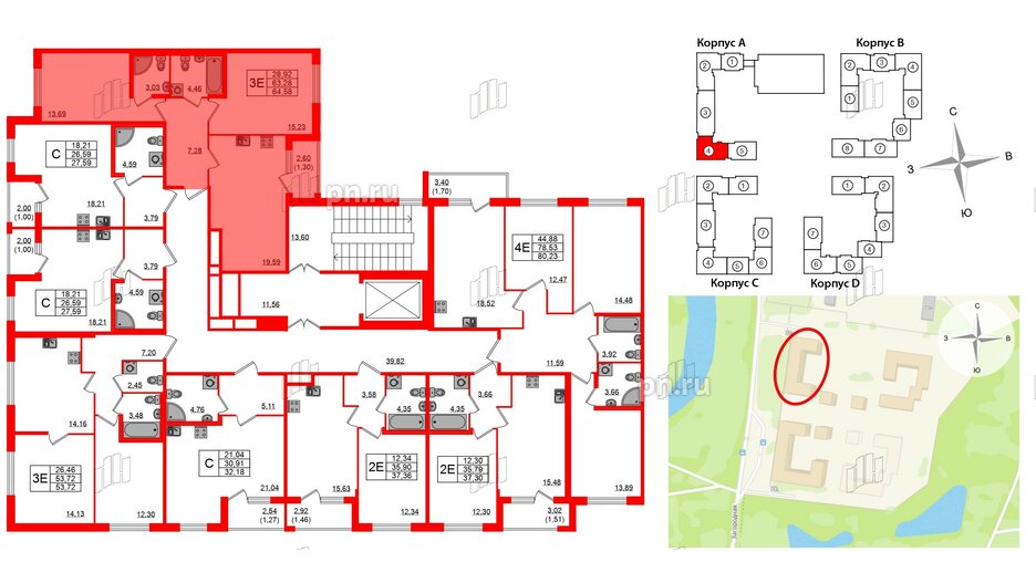 Квартира в ЖК Квартал Заречье, 2 комнатная, 64.58 м², 2 этаж