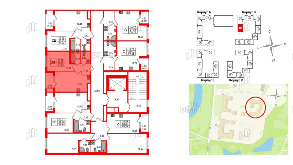 Квартира в ЖК Квартал Заречье, 1 комнатная, 37.02 м², 2 этаж