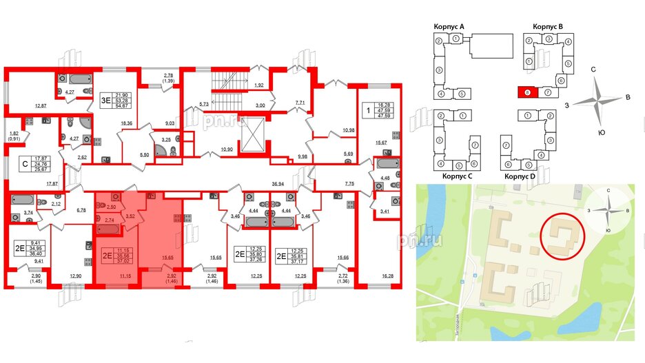 Квартира в ЖК Квартал Заречье, 1 комнатная, 37.02 м², 1 этаж