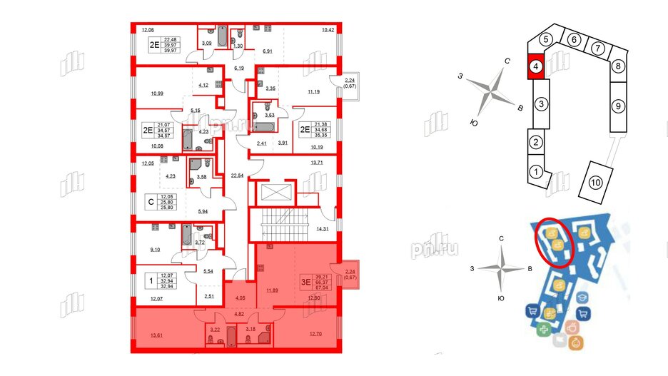 Квартира в ЖК Квартал Лаголово, 2 комнатная, 67.04 м², 2 этаж