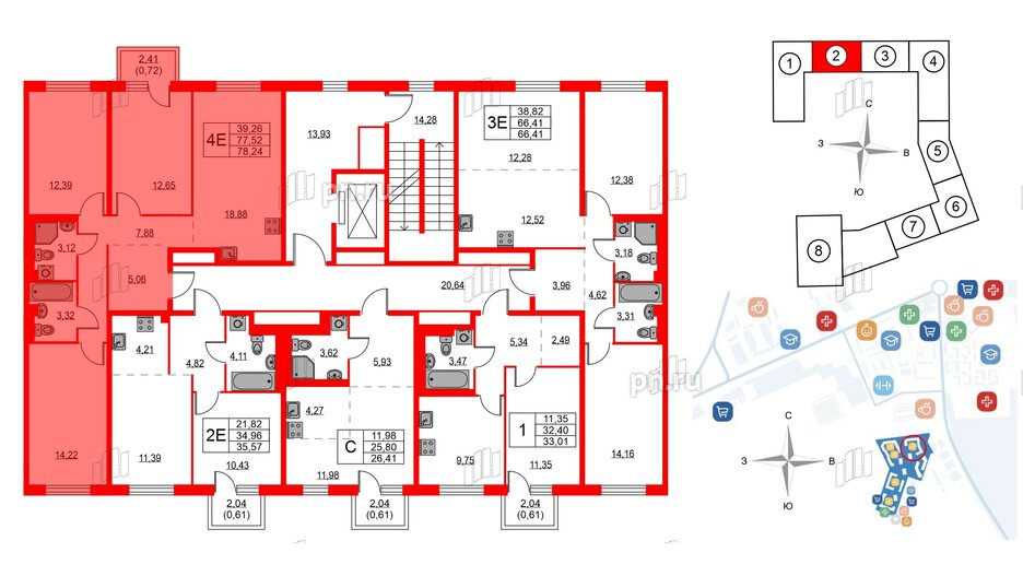 Квартира в ЖК Квартал Лаголово, 3 комнатная, 78.24 м², 2 этаж