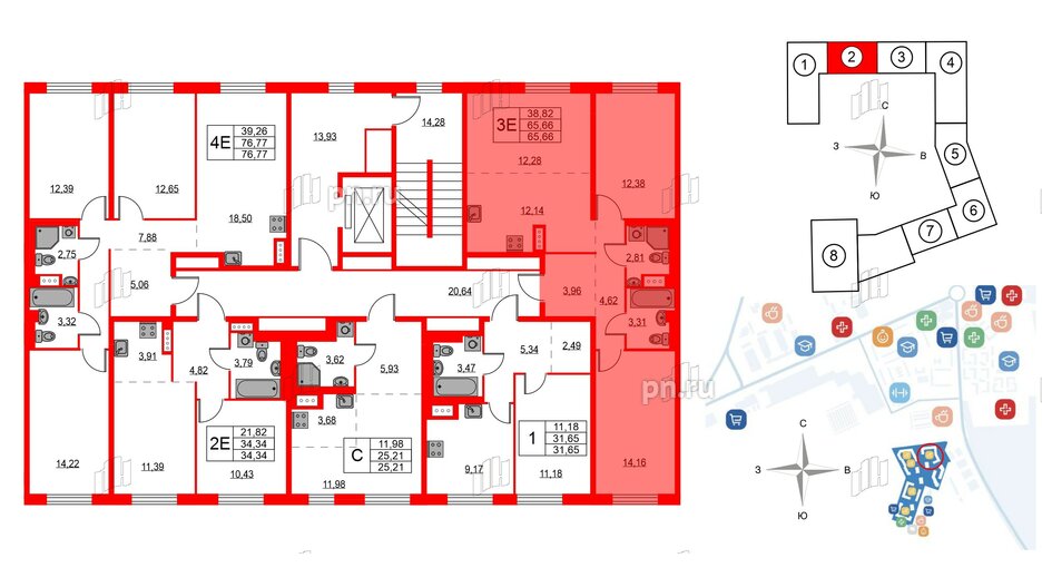 Квартира в ЖК Квартал Лаголово, 2 комнатная, 65.66 м², 8 этаж