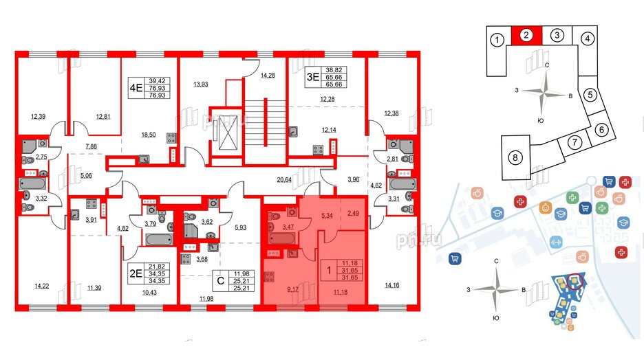 Квартира в ЖК Квартал Лаголово, 1 комнатная, 31.65 м², 9 этаж