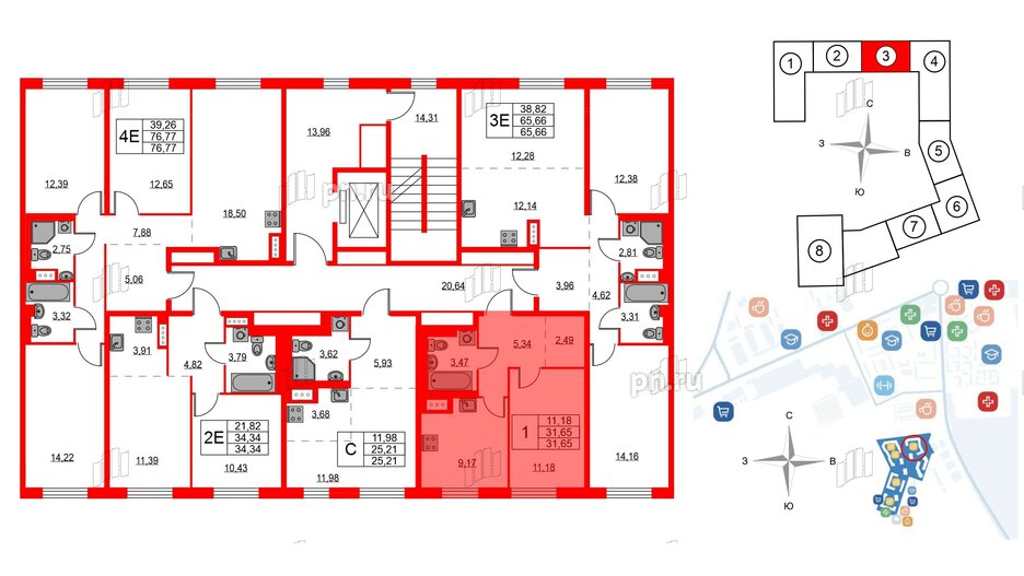 Квартира в ЖК Квартал Лаголово, 1 комнатная, 31.65 м², 8 этаж