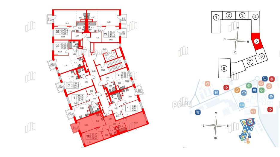 Квартира в ЖК Квартал Лаголово, 2 комнатная, 57.51 м², 5 этаж