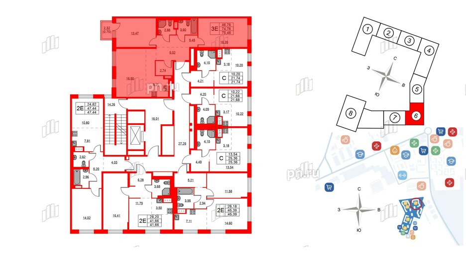 Квартира в ЖК Квартал Лаголово, 2 комнатная, 75.46 м², 6 этаж