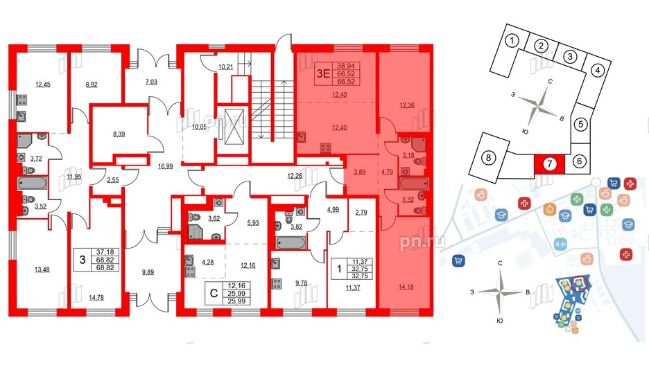 Квартира в ЖК Квартал Лаголово, 2 комнатная, 66.52 м², 1 этаж