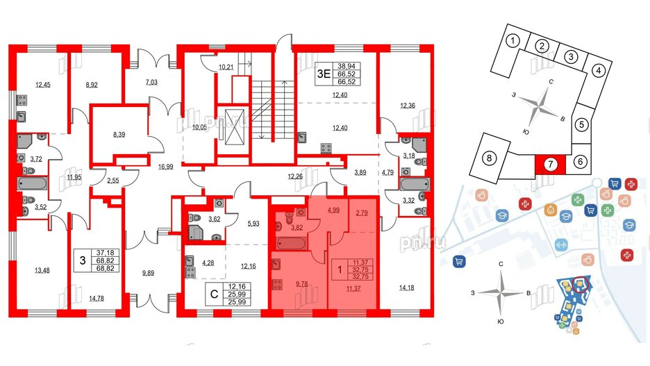 Квартира в ЖК Квартал Лаголово, 1 комнатная, 32.75 м², 1 этаж