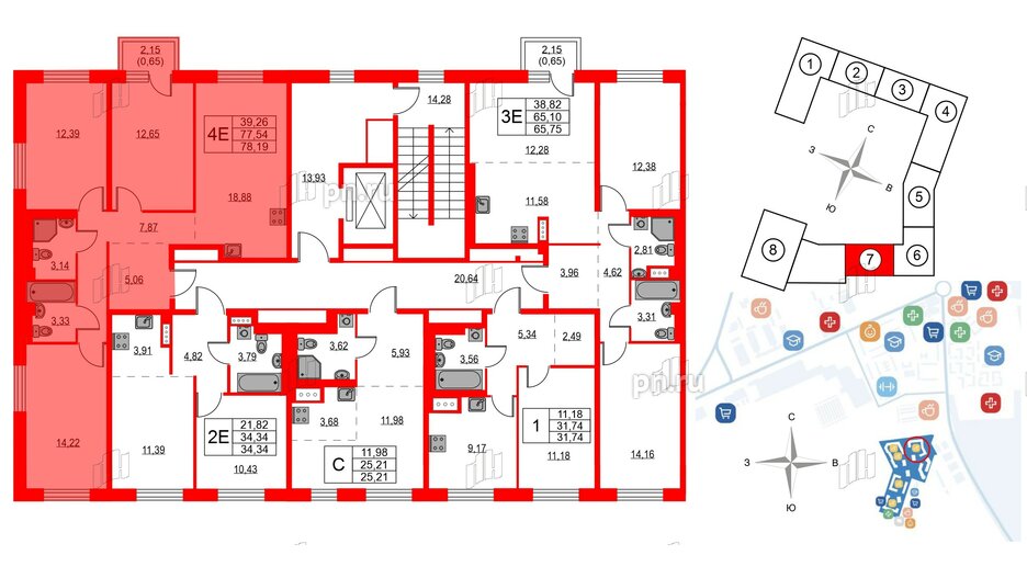 Квартира в ЖК Квартал Лаголово, 3 комнатная, 78.19 м², 2 этаж