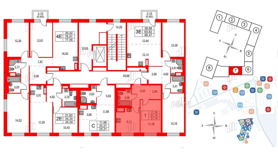 Квартира в ЖК Квартал Лаголово, 1 комнатная, 31.74 м², 6 этаж