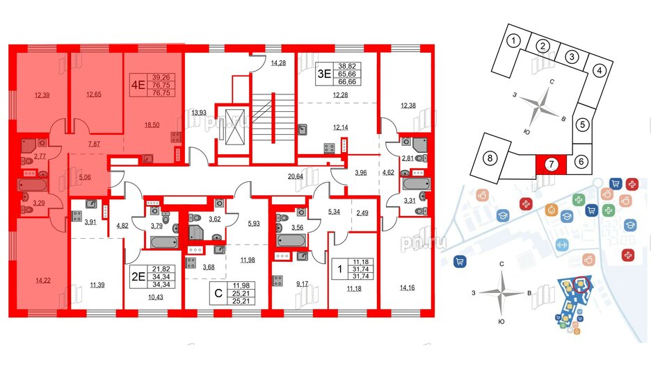 Квартира в ЖК Квартал Лаголово, 3 комнатная, 76.75 м², 9 этаж