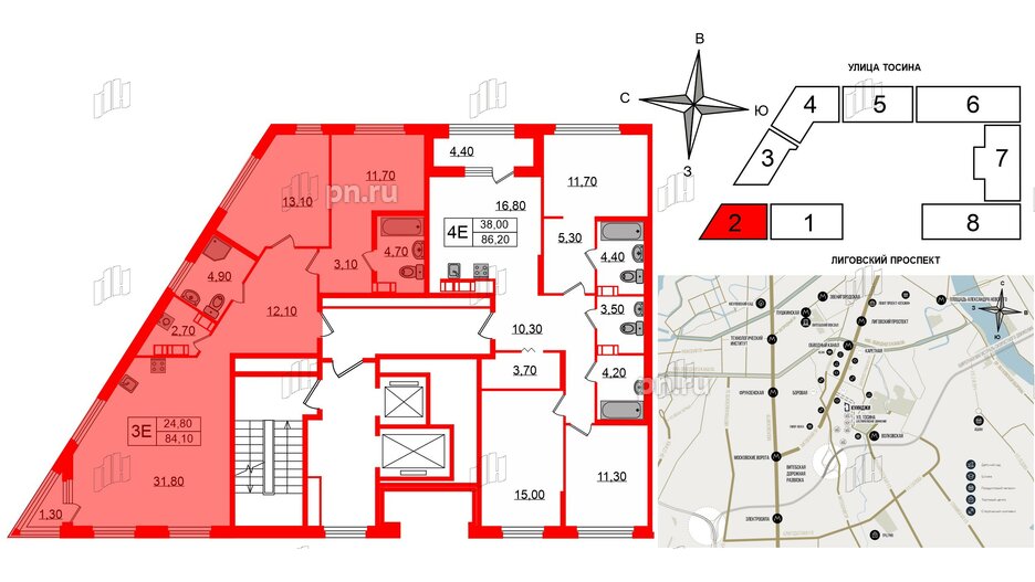 Квартира в ЖК Куинджи, 2 комнатная, 84.1 м², 6 этаж