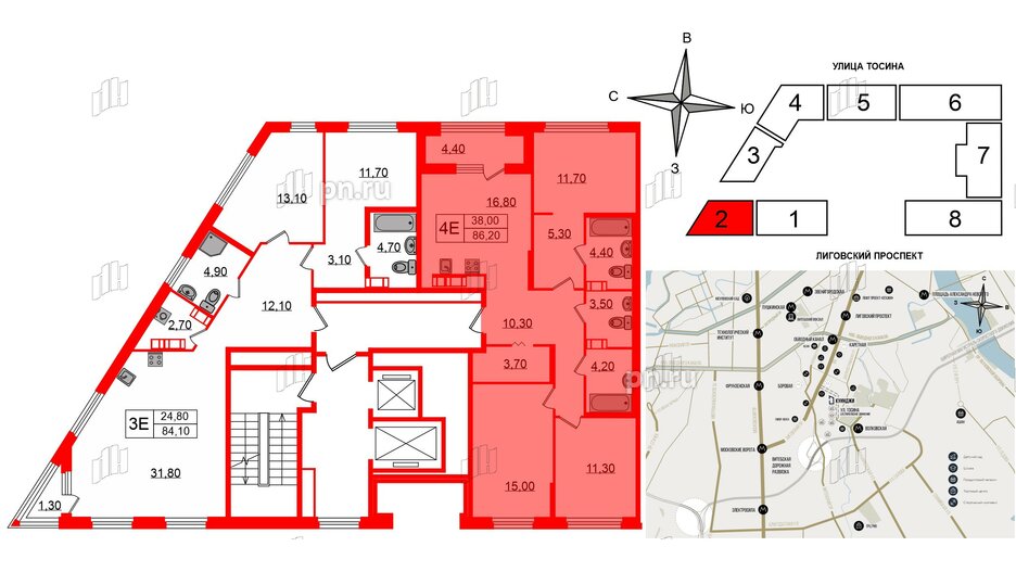 Квартира в ЖК Куинджи, 3 комнатная, 86.2 м², 6 этаж