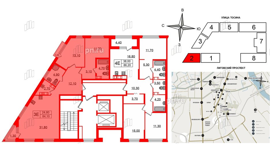 Квартира в ЖК Куинджи, 2 комнатная, 84.1 м², 7 этаж