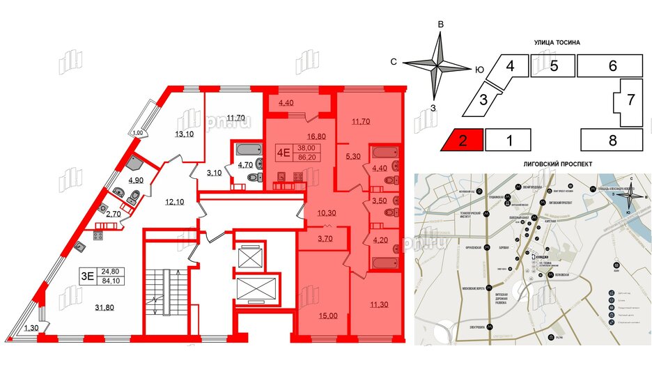 Квартира в ЖК Куинджи, 3 комнатная, 86.2 м², 7 этаж