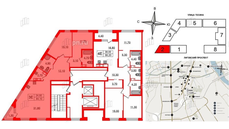 Квартира в ЖК Куинджи, 2 комнатная, 84.1 м², 8 этаж