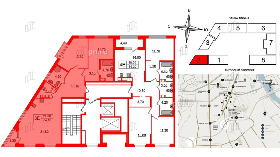 Квартира в ЖК Куинджи, 2 комнатная, 84.1 м², 9 этаж