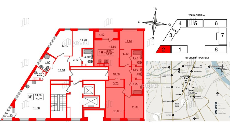 Квартира в ЖК Куинджи, 3 комнатная, 86.2 м², 10 этаж