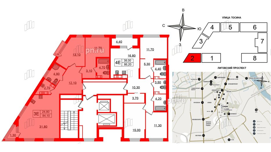 Квартира в ЖК Куинджи, 2 комнатная, 84.1 м², 11 этаж