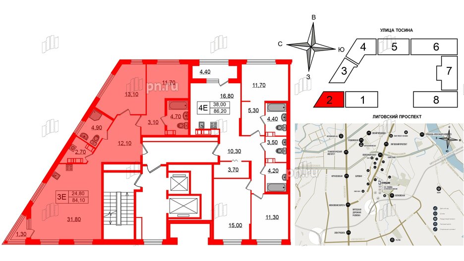 Квартира в ЖК Куинджи, 2 комнатная, 84.1 м², 13 этаж