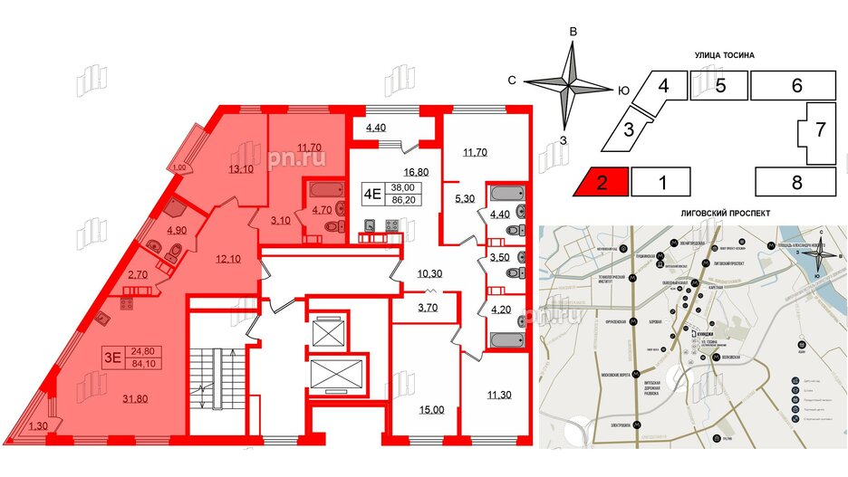 Квартира в ЖК Куинджи, 2 комнатная, 84.1 м², 3 этаж