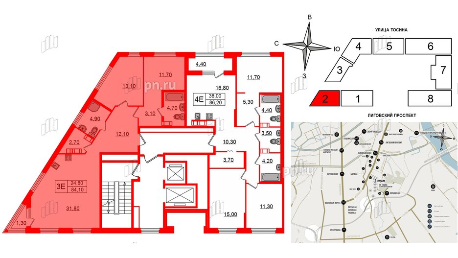 Квартира в ЖК Куинджи, 2 комнатная, 84.1 м², 4 этаж