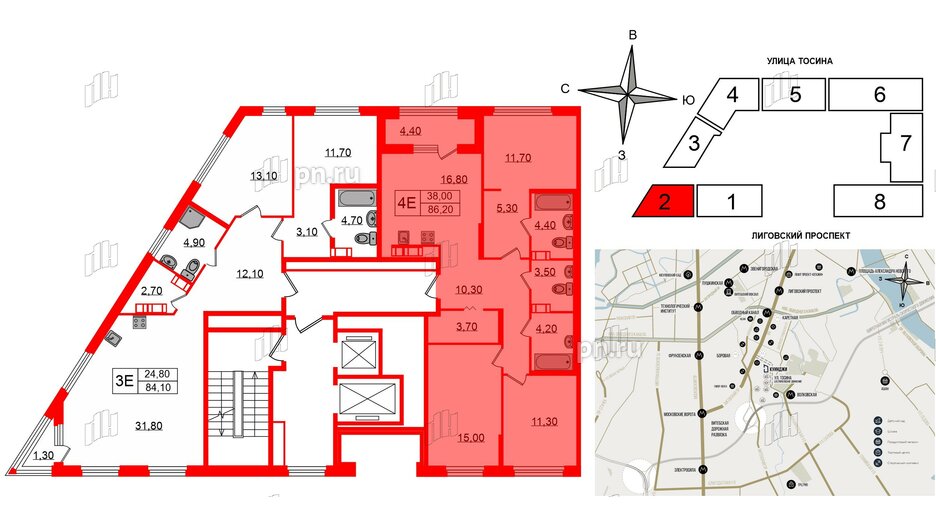 Квартира в ЖК Куинджи, 3 комнатная, 86.2 м², 4 этаж